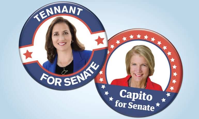 Two political buttons. One for Natalie Tennant with a photo of here stating "Tennant for Senate" and the other with Shelley Moore Capito saying "Capito for Senate"