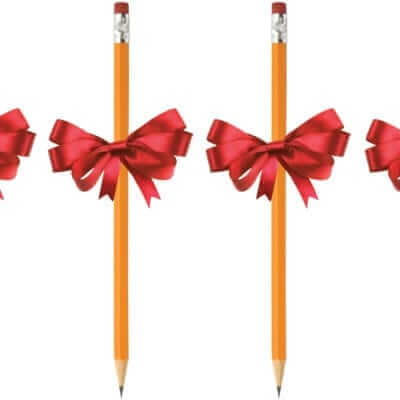four pencils with red gift bows on them