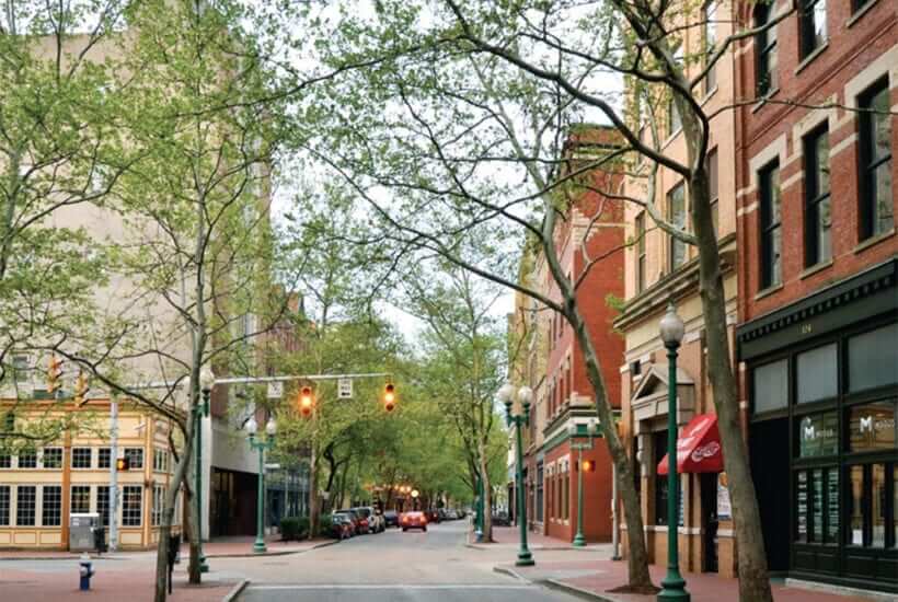 View down a downtown street.