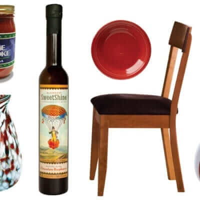 WV made products: Blue Smoke Salsa, glass blown vase, Bloomery SweetShine wine, ceramic plate, wooden chair, wooden spoon