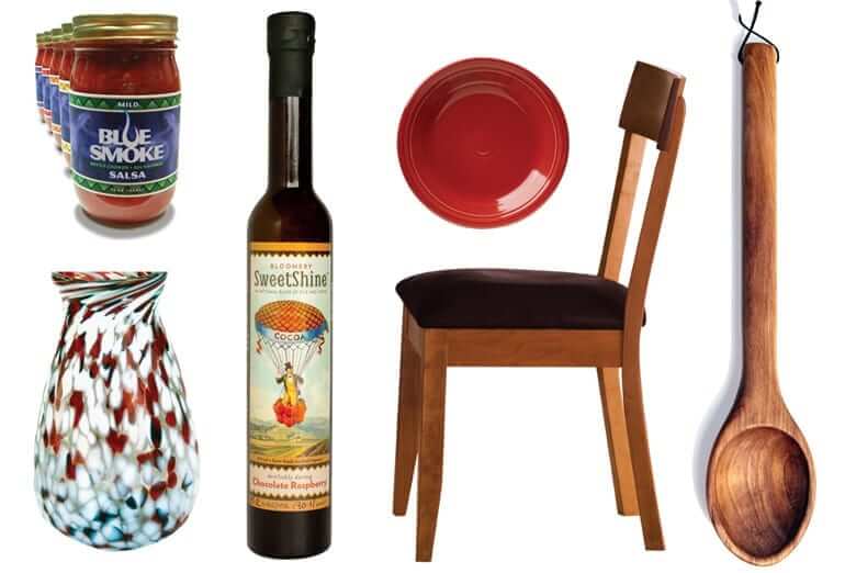 WV made products: Blue Smoke Salsa, glass blown vase, Bloomery SweetShine wine, ceramic plate, wooden chair, wooden spoon