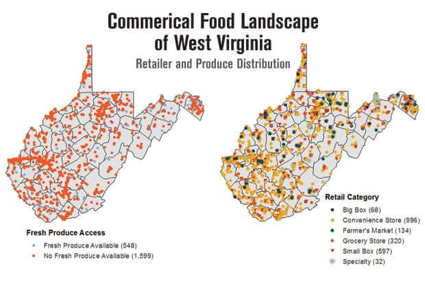 Map of West Virginia showing Commercial Food Landscape where all the retailer and Produce Distribute 