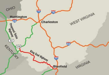 Map of south-west West Virginia showing King Coal Highway connecting 119 and 77