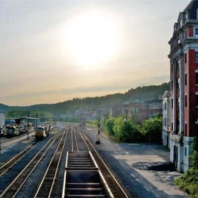 Train tracks and a brick building in West Virginia